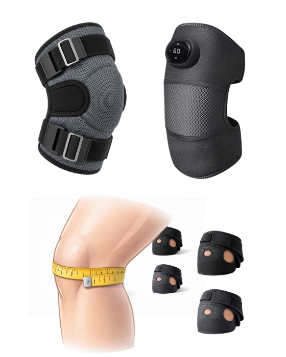 Illustrated size guide for Vita Knee Relieve with measurement instructions showing knee circumference.
