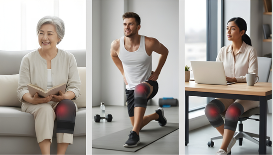 Collage showing seniors, athletes and office workers using Vita Knee Relieve.