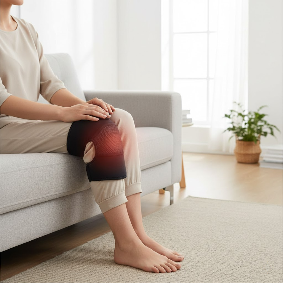 Diagram of knee joint showing benefits of heat, massage and compression.