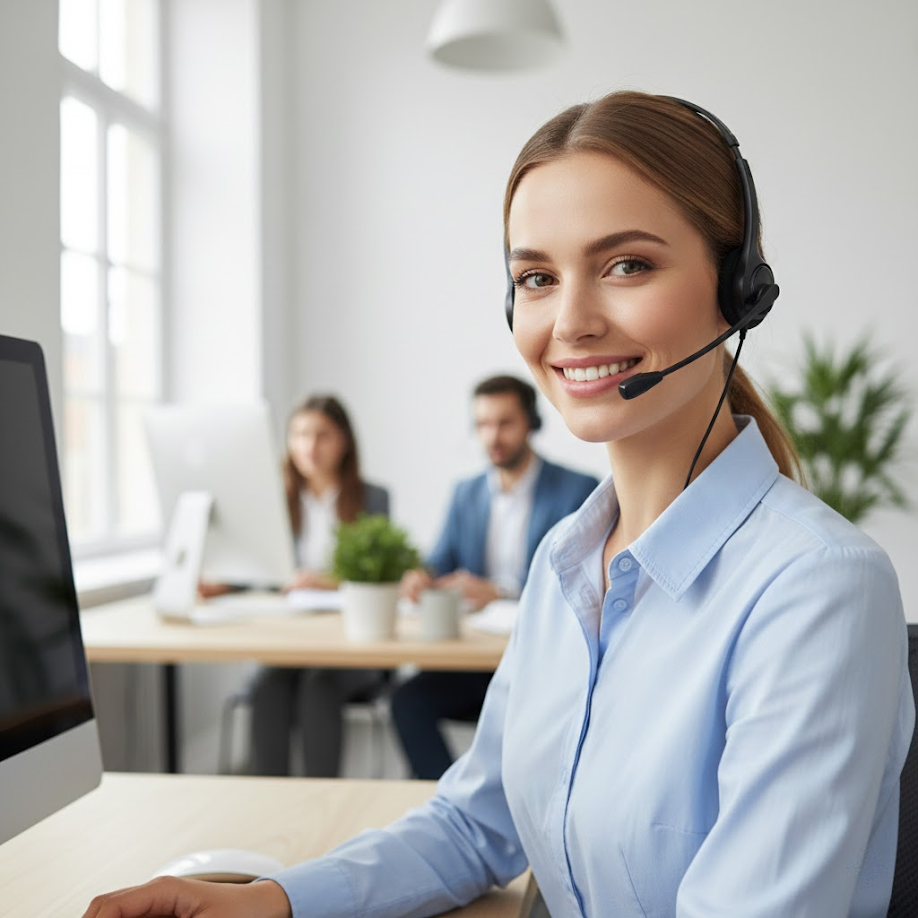 Customer service representative wearing a headset.